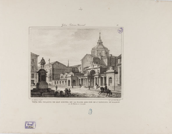Vista del Palacio de las Cortes, en la plaza que fue de Santa Catalina en Madrid con la estatua de Cervantes